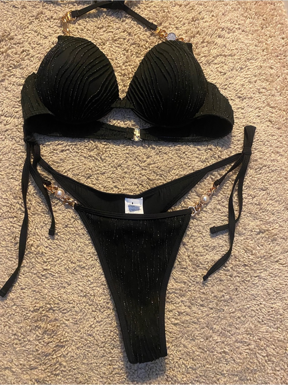 Black Sparkle Two-Piece Bikini with Gold Pearl Accentsnew Size L, Excel. Cond.
